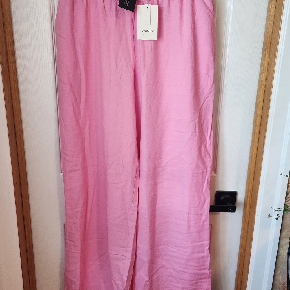 Pink Wide Leg Linen Blend Pants